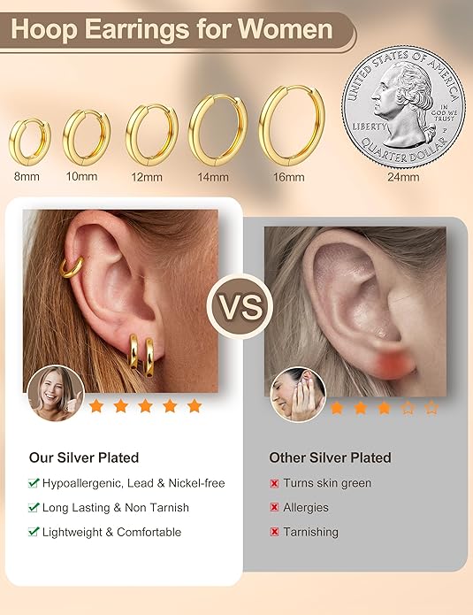Kakonia 5 Pairs Small Sterling Silver Hoop Earrings Set for Women, 18k Gold Plated Huggie Hoop Earrings, Lightweight Hoop Earrings for Women Hypoallergenic, Cartilage Earring Sets for Multiple Piercing