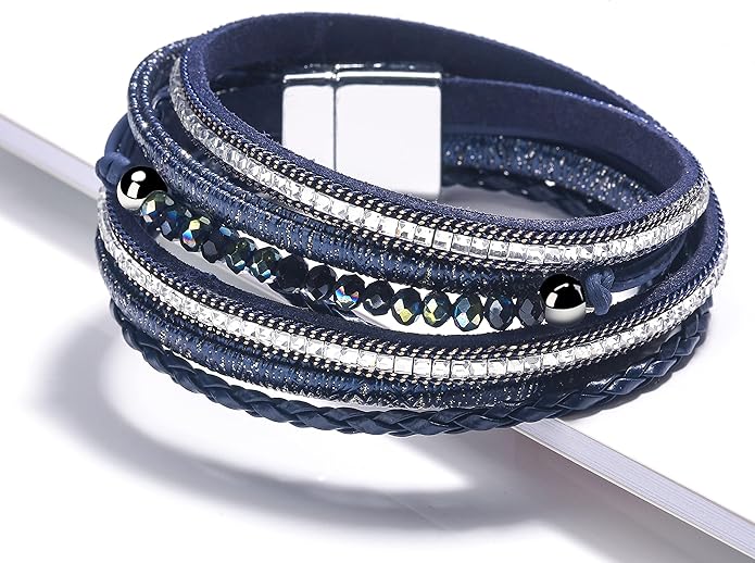 Fesciory Leopard Bracelet for Women, Boho Leather Wrap Multi-Layer Pearl Crystal Bracelet Bangle Jewelry