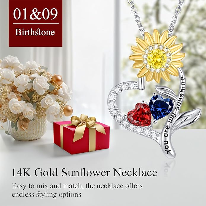 PERJI Valentine's Day Gifts for Women - 925 Sterling Silver Double Birthstone Sunflower Necklace, Anniversary Birthday Jewelry You are My Sunshine Gifts for Wife Couple Girlfriend 18"+2" Non Tarnish