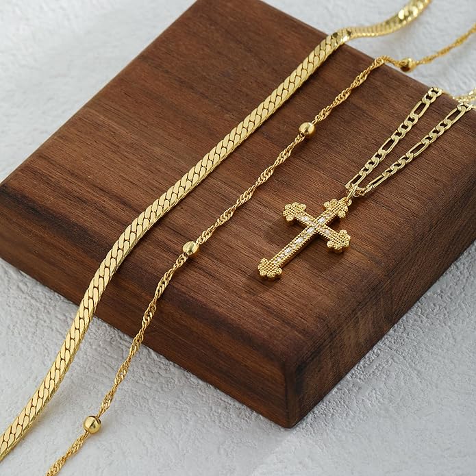 ASCOMY Gold Necklace for Women 14K Gold/Silver Plated Layered Necklaces Stackable Layering Cross Necklace Stacked Coin Pendant Pearl Herringbone Chain Stacking Gold Choker Trendy Jewelry Gift for Her