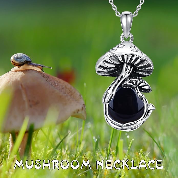 YAFEINI Mushroom Necklace Moonstone/Moss Agate/Malachite/Labradorite/Turquoise/Amber/Larimar/Black Onyx/Lapis Lazuli/Peridot/Opal Sterling Silver Mushroom Pendant Mother's Day Jewelry for Women Mom