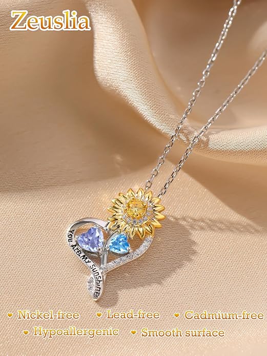 Zeuslia Double Birthstone Necklace Gifts for Wife - 925 Sterling Silver Sunflower/Rose/Crown Cross/Compass/Heart Pendant I Love You Necklace, Anniversary Birthday Gifts for Wife Girlfriend Mom Her