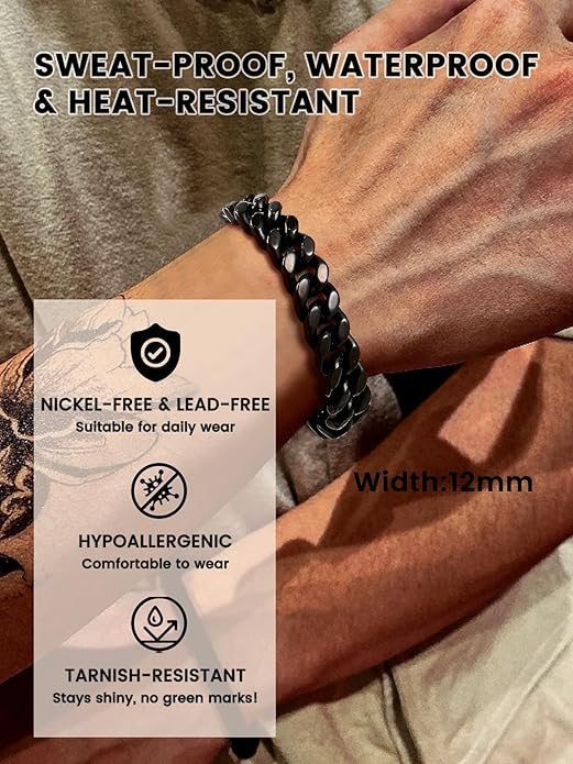 Bestyle Thick Mens Cuban Link Chain Bracelets, Durable Real 18K Gold/Black Metal Plated Solid Stainless Steel Hand Chain Cuban Bracelets for Men, Silver Black Gold Bracelets for Father Husband