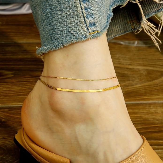 Gold Plated Ankle Bracelets For Women Waterproof,18k Gold Plated Anklets Layered Thin Snake Chain Herringbone Anklets Non Tarnish Stainless Steel Dainty Summer Jewelry Set Gift For Women