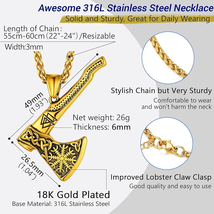 PROSTEEL Norse Viking Jewelry for Men Women, Vintage Thor Hammer/Thor Axe/Raven/Odin Necklace, 316L Stainless Steel Pendant Chain, Come with Box