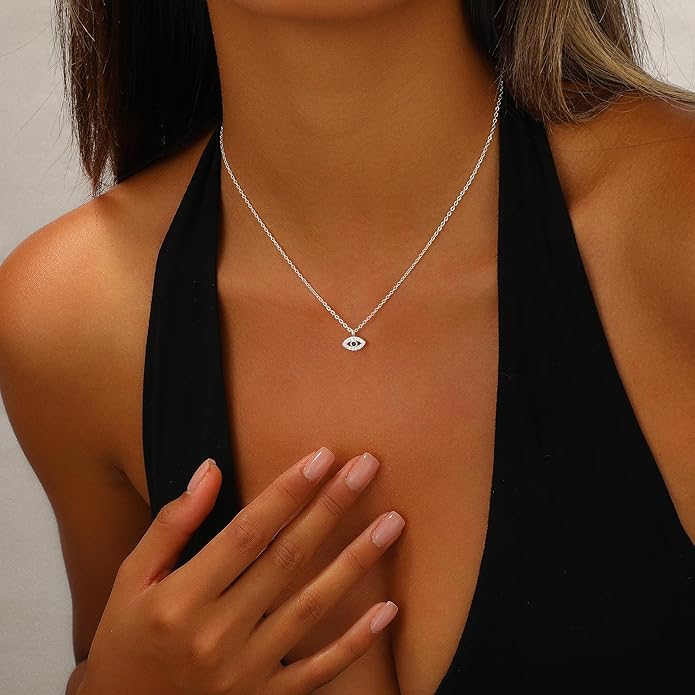 Evil Eye Necklace for Women,Dainty 14K Gold/Sterling Silver Plated Evil Eye Pendant Necklace Tiny Boho CZ Diamond Necklace Cute Trendy Lucky Protection Jewelry Gift for Women