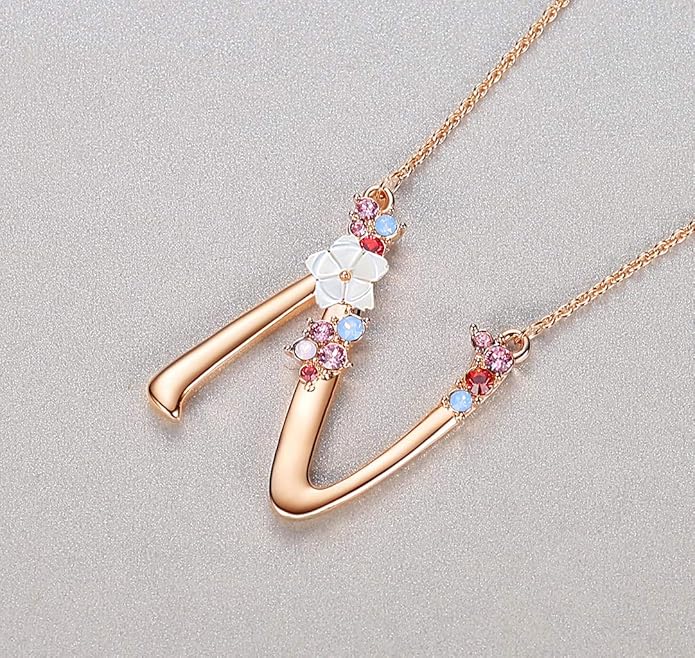 Flower Initial Letter Necklace Pink Red Blue Simulated Pearl Pendant Name Jewelry Made with Austrian Crystals Rose Gold Plated Anniversary Birthday Gifts for Women,18"+2"