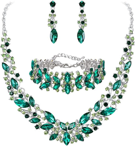 BriLove Women's Wedding Bridal Austrian Crystal Marquise Cluster Collar Necklace Dangle Earrings Set