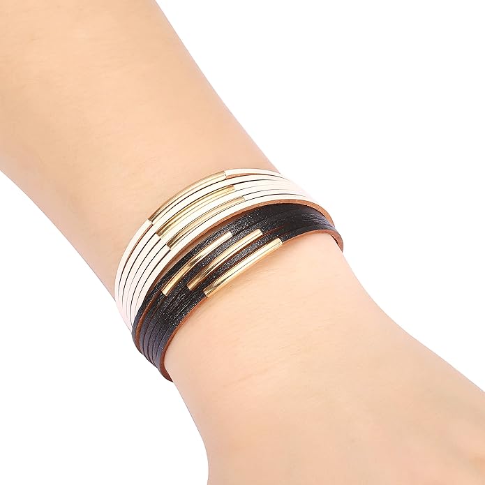 Fesciory Leather Wrap Bracelets for Women, Boho Leopard Multi-Layer Crystal Beads Cuff Bracelet Jewelry