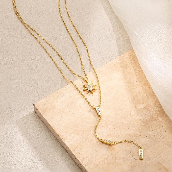 CHESKY Lariat Gold Necklace for Women Trendy, Dainty Long Necklace 14k Gold Plated/Silver Y-Shaped Pendant Necklace Layered Cz Beaded Chain Drop Necklaces Simple Gold Jewelry For Women Gift
