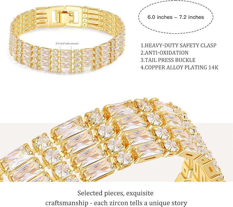 14K Gold Plated Tennis Bracelet for Women – Classic CZ Link Design, Fits 6.0"–7.2" Wrists – Stylish Sparkling Jewelry Gift, Timeless Tennis Bracelets for Women