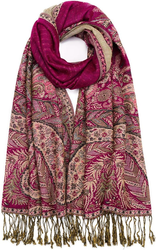 QIUTIMIY Paisley Pashmina Shawl Wrap Women Reversible Vintage Jacquard Pashmina Rave Scarf with Fringe for Evening, Wedding
