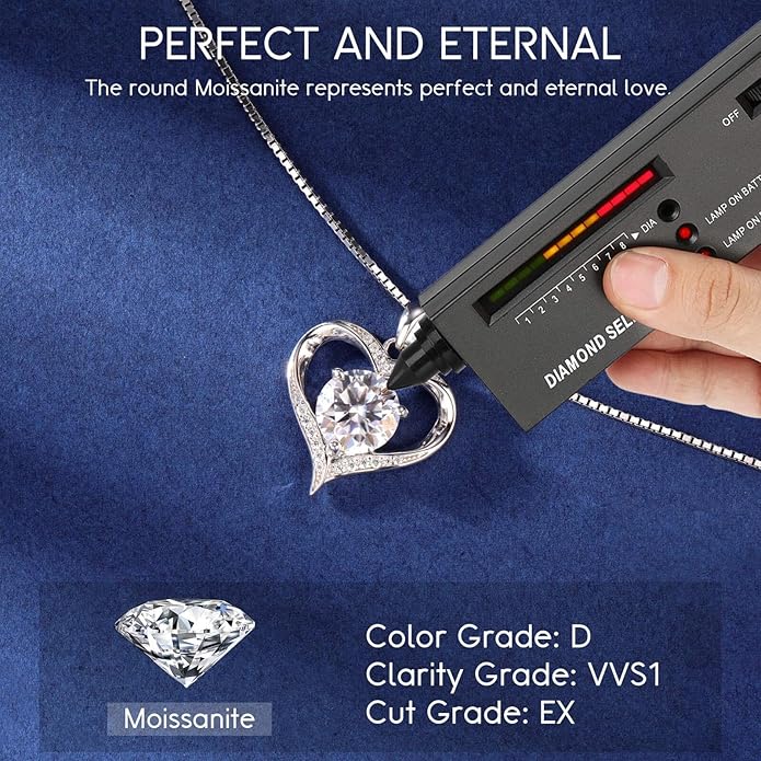 MOOSEA Moissanite Heart Pendant Necklaces for Women, 1-3ct D Color VVS1 925 Sterling Silver Anniversary Birthday Gifts for Women Wife Girlfriend Jewelry Moissanite Necklace
