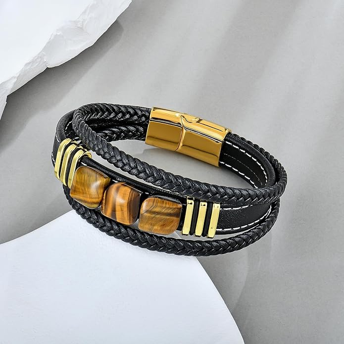 STARCHENIE Multi Strand Bracelet for Men Square Authentic Tiger Eye Black Braided Leather Mens Bracelet and Stainless Steel Buckle