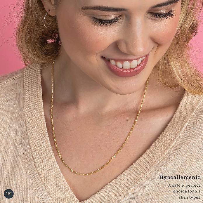 KEZEF Sterling Silver 1.5mm Figaro Chain Necklace for Women - 925 Italian Diamond Cut Chain, Available in Silver, 18K Yellow Gold, Rose Gold, 16-30 Inches