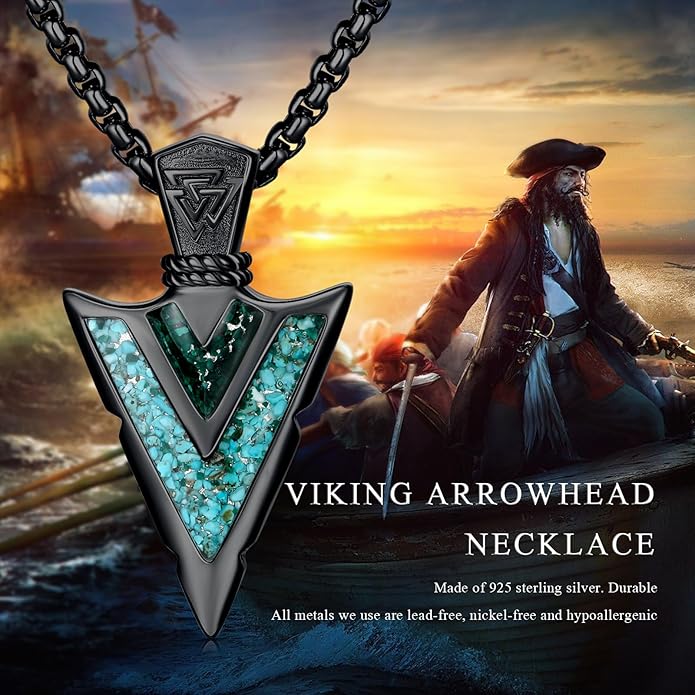 Suiknsn Arrowhead Necklace for Men Women 925 Sterling Silver Turquoise Malachite Celtic/Eye of Horus/Viking Arrow Pendant Amulet Jewelry Gifts Native American Necklace