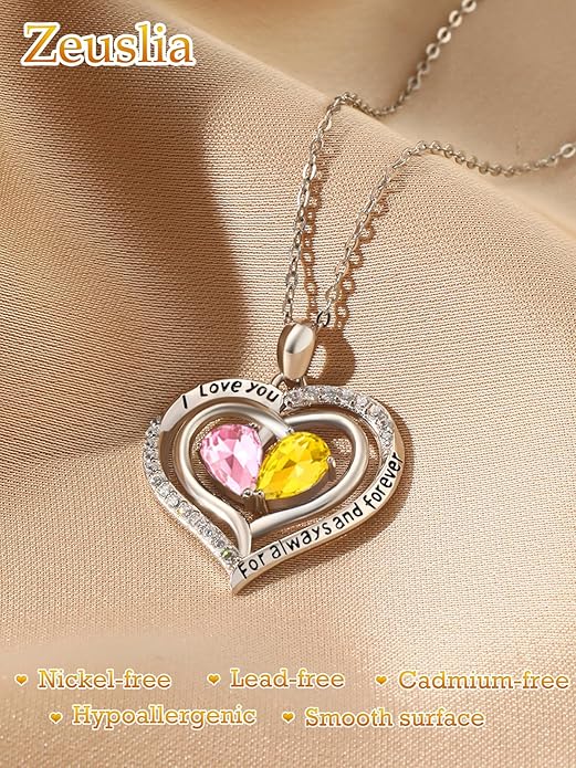 Zeuslia Double Birthstone Necklace Gifts for Wife - 925 Sterling Silver Sunflower/Rose/Crown Cross/Compass/Heart Pendant I Love You Necklace, Anniversary Birthday Gifts for Wife Girlfriend Mom Her