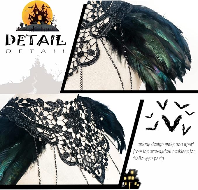 L'VOW Real Black Feather Harness Lace Collar Necklace Bib Halloween