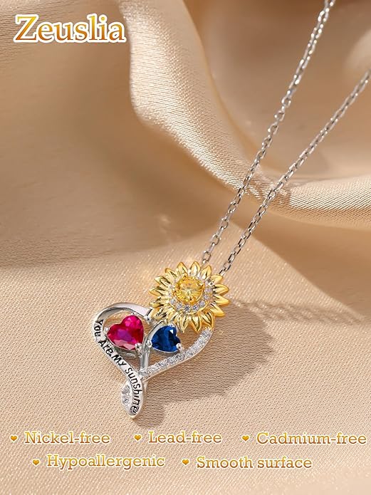 Zeuslia Double Birthstone Necklace Gifts for Wife - 925 Sterling Silver Sunflower/Rose/Crown Cross/Compass/Heart Pendant I Love You Necklace, Anniversary Birthday Gifts for Wife Girlfriend Mom Her
