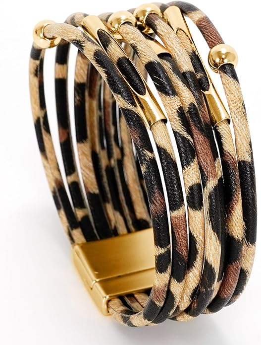 Fesciory Leather Wrap Bracelets for Women, Boho Leopard Multi-Layer Crystal Beads Cuff Bracelet Jewelry