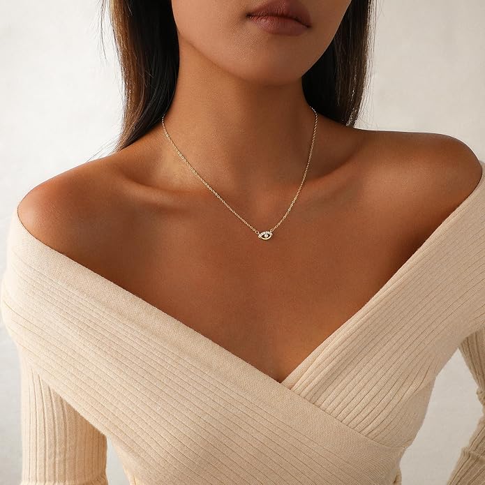 Evil Eye Necklace for Women,Dainty 14K Gold/Sterling Silver Plated Evil Eye Pendant Necklace Tiny Boho CZ Diamond Necklace Cute Trendy Lucky Protection Jewelry Gift for Women