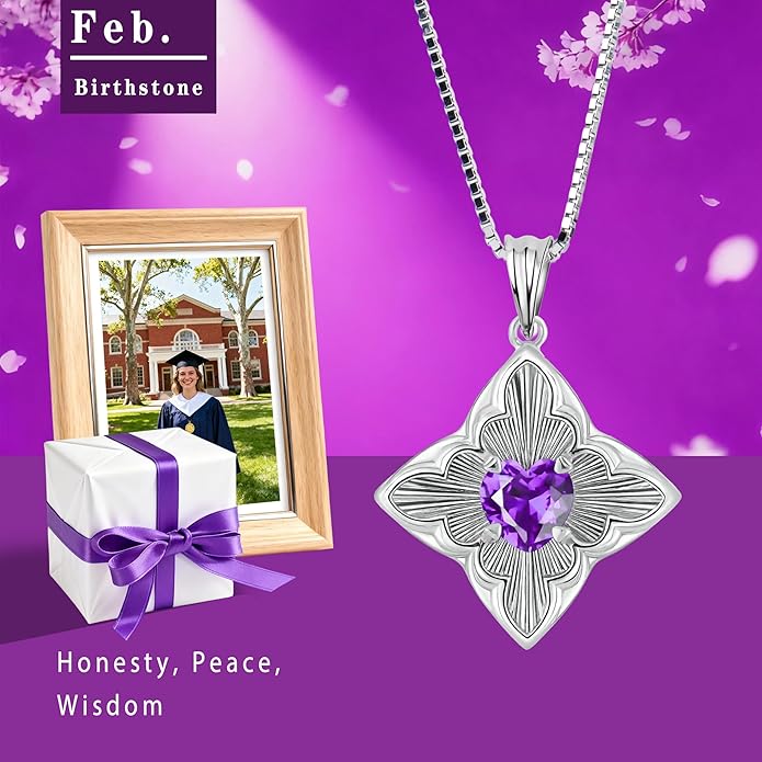 Delicate Four-Leaf Clover Charm Necklace with January Birthstone - S925 Silver, Gift Idea