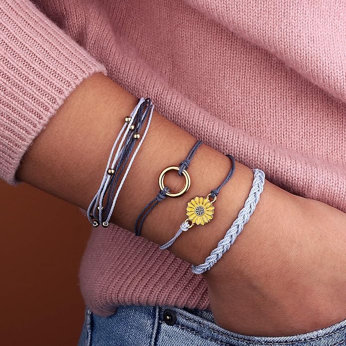FANCY SHINY Sunflower String Bracelet Boho Braided Rope Wrap Bracelets Cute Summer Beach Surfer Jewelry for Women