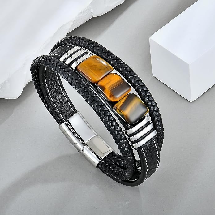 STARCHENIE Multi Strand Bracelet for Men Square Authentic Tiger Eye Black Braided Leather Mens Bracelet and Stainless Steel Buckle