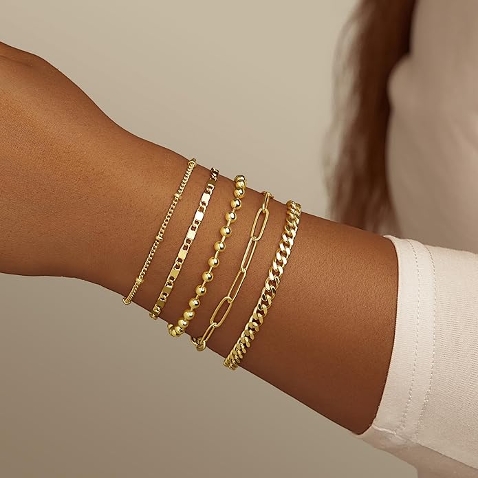 Gold Bracelets for Women Non Tainish,Dainty Bracelets Stack for Women Trendy, Gold Plated Cuff Bracelets Stack With Beaded Cuban Paperclip Snake Rope Bangle Hand Chain Jewelry Gifts for Women