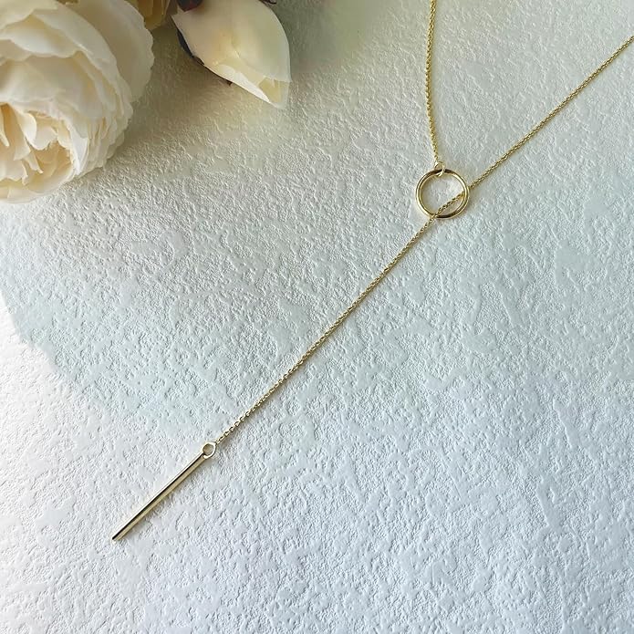 Gold Necklace for Women Trendy Lariat Y Necklace Dainty 14k Gold Plated/Silver Long Necklaces for Women Layered Beaded Drop Necklaces Simple Y-Shaped Chain Jewelry Gifts