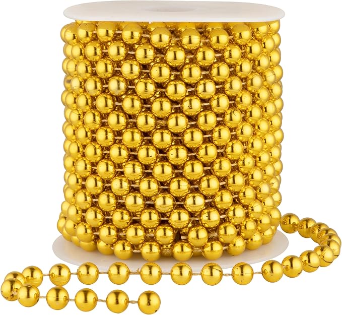 8mm Pearl Garland, 33 Feet Faux Pearl Garland Spool Roll for Wedding Centerpiece Backdrop Christmas Tree and Flowers Decoration DIY Craft (Gold)