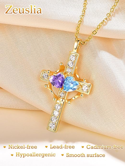 Zeuslia Double Birthstone Necklace Gifts for Wife - 925 Sterling Silver Sunflower/Rose/Crown Cross/Compass/Heart Pendant I Love You Necklace, Anniversary Birthday Gifts for Wife Girlfriend Mom Her