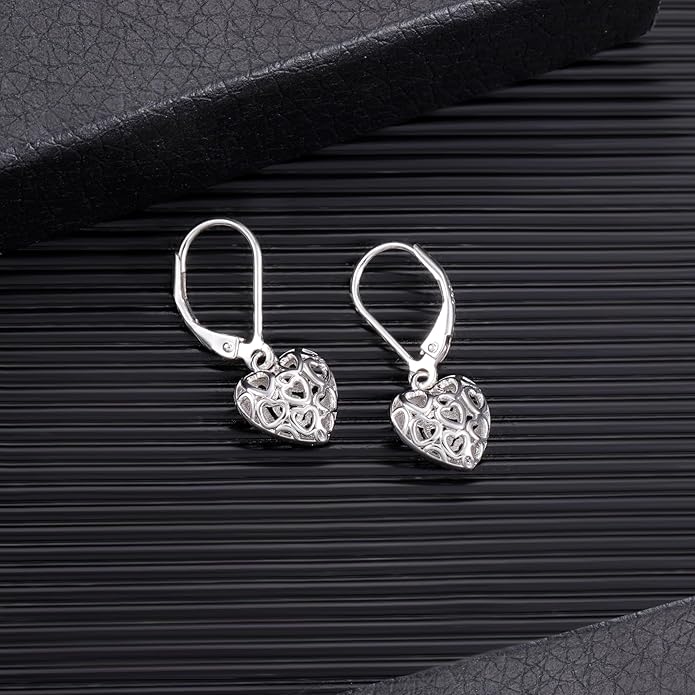 925 Sterling Silver 14K Gold French Style Leverback Earrings, Heart Dangle Drop Earrings for Women Hypoallergenic Jewelry