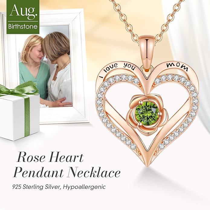 CDE Christmas Gifts for Women S925 Silver Rose Gold Heart Birthstone Necklaces for Women，Ideal Anniversary or Birthday Jewelry Gifts for Wife Girlfriend Her
