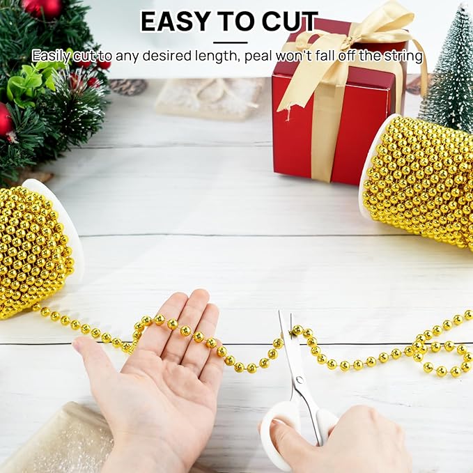 49 Feet Christmas Tree Beads Garland, 8mm Artificial Red Beaded Garland for Christmas Tree DIY, Faux Pearl Strings Bead Roll for Wreath, Wedding Party, Decoration