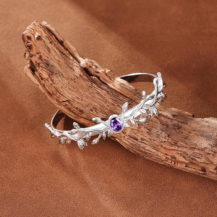 Amethyst Wild Vine Cuff Bracelet for Women, Sterling Silver Adjustable Bohemian Bangle, February Birthstone Gift for Her Purple Crystal Healing Jewelry