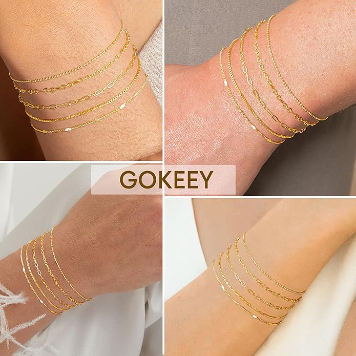 Gold Bracelets for Women Trendy,14K Gold Plated Dainty Stackable Paperclip Cuban Link Chain Bracelets, Simple Cute Cuff Bracelets Jewelry Set Adjustable 7"+2"