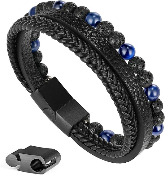 Gifts for Men - Layered Leather Beads Bracelet, Tiger Eye Lava Rock Stone Braided Leather Bracelets for Men Adjustable Magnetic Clasp Birthday Gifts