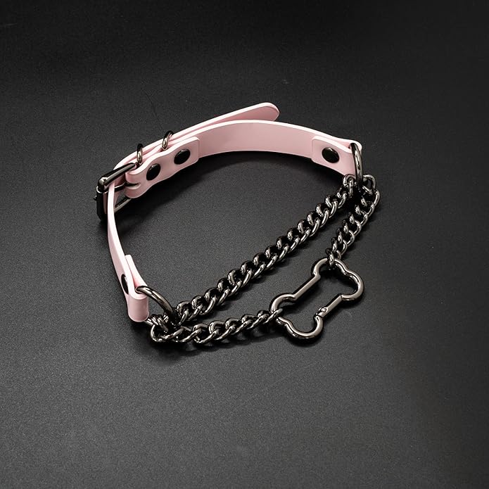 Black/Pink Leather Choker Collar For Women, Handmade Gothic Slip Chain Necklace with Bone Clasp