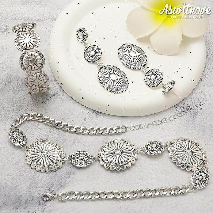 3 Pcs Western Concho Costume Jewelry Set for Women Western Dangle Earrings Boho Choker Necklace Bohemian Cuff Bracelet Cowboy Chic Country Concert Outfits for Women Christmas Jewelry Gift