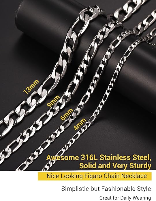 PROSTEEL 316L Stainless Steel Figaro Cuban Chain Necklace for Men, Black/18K Real Gold Plated, 4/5/6/7.5/9/10/13mm, 14inch-30inch, Come with Box