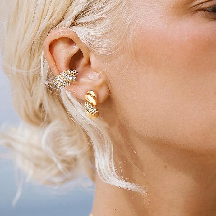 Gold Huggie Hoop Earrings 14K Gold Plated Dainty Chunky Thick Hoop Diamond Cubic Zriconia Inlay Sleeper Tiny Delicate Boho Beach Simple Hypoallergenic Jewelry Gift for Her