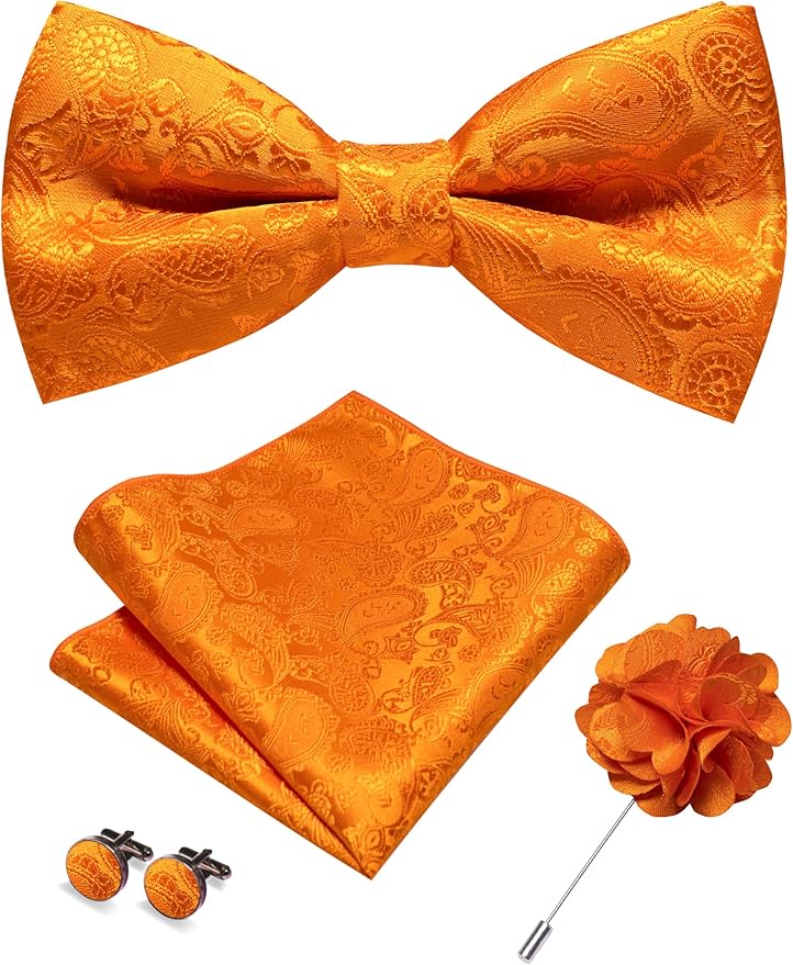 JEMYGINS Paisley Pre-tied Bow Tie and Pocket Square Cufflinks Lapel Pin Sets for Men 4PCS
