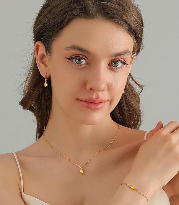 Birthstone 14K Gold Plated Bracelets Earrings Necklaces Jewelry Set， Blue Green May Cubic Zirconia，Friendship Bracelets Jewelry Gifts for Mom Best Friend Birthday