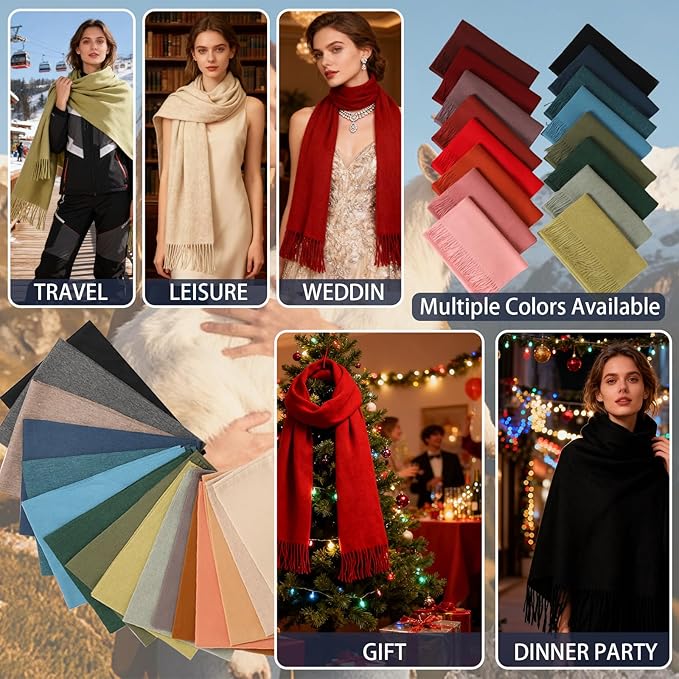 WASALUYA Wool Scarf for Women & Men, 100% Wool Scarves Wrap Shawl with Tassels, Elegant Soft Winter Scarf for Fall and Winter