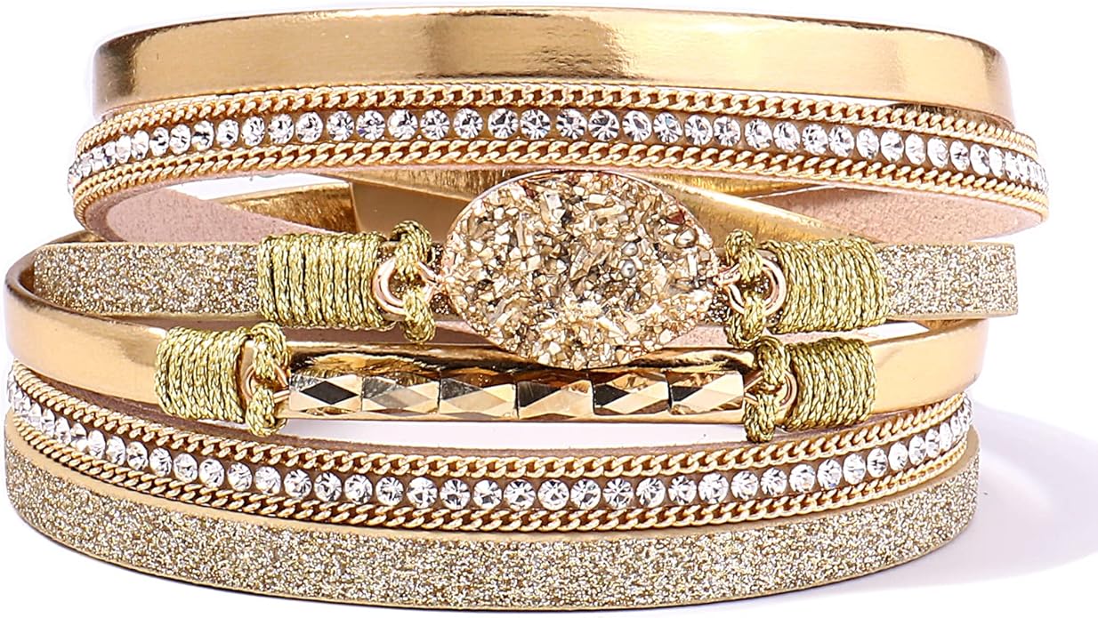 FANCY SHINY Leather Wrap Bracelet Boho Cuff Bangle Bracelets Crystal Bead Bracelet with Magnetic Clasp Jewelry Gifts for Women