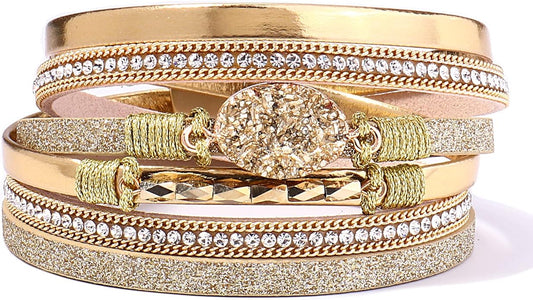 FANCY SHINY Leather Wrap Bracelet Boho Cuff Bangle Bracelets Crystal Bead Bracelet with Magnetic Clasp Jewelry Gifts for Women