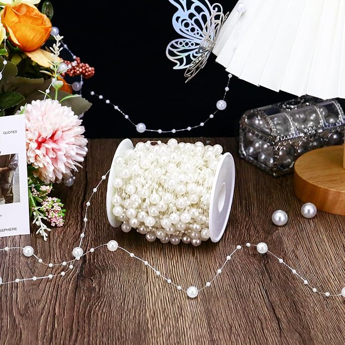 Towenm 99 Feet Fishing Line Artifical Pearl Strings for Crafting, Faux Pearl Garland Strands for Floating Candle Vases Filler Wedding Centerpiece Bouquet Christmas Tree Party Decoration, Ivory