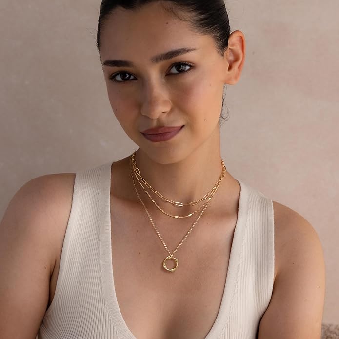 Layered Necklace for Women 14K Gold Plated Dainty Paperclip Herringbone Pearl Cross Pendant Necklace Stack，Layering Chain Cuban Figaro Rope Chain Choker Trendy Gold Jewelry Gift