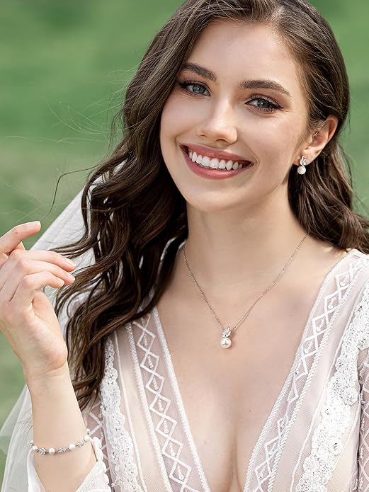 SWEETV Jewelry Set for Bride Women, Cubic Zirconia Pearl Bridal Earrings Necklace Bracelet Set, Bridal Jewelry Set for Wedding Prom